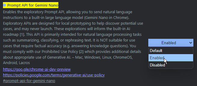 "Prompt API for Gemini Nano" Chrome flag
